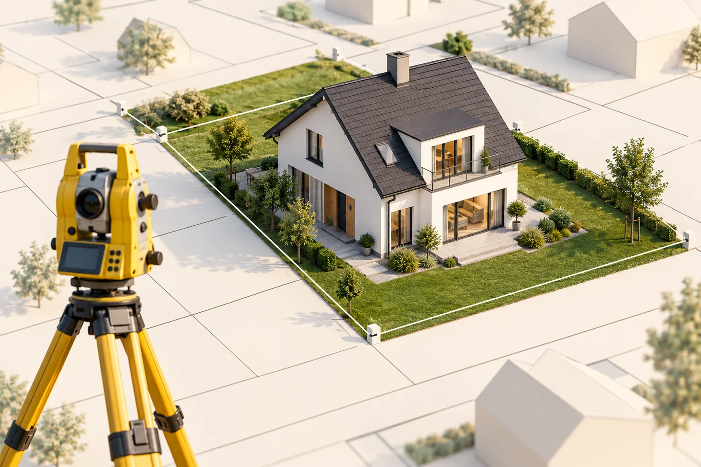 Ilustratie cadastrala cu o casa, limitele terenului si o statie totala pentru masuratori