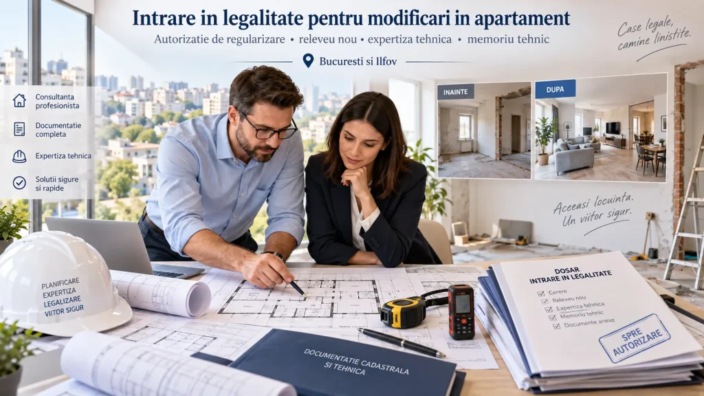 Specialisti analizand releveul unui apartament pentru pregatirea documentatiei de intrare in legalitate