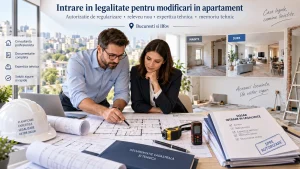 Specialisti analizand releveul unui apartament pentru pregatirea documentatiei de intrare in legalitate